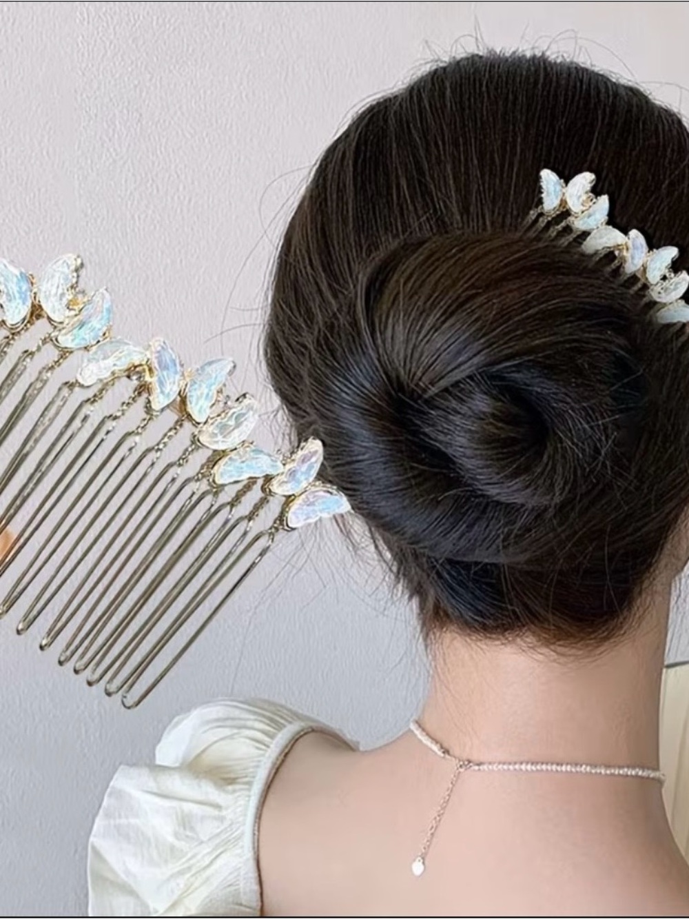 Iridescent Butterfly Hair Comb - White and Gold Decorative Hair Accessory